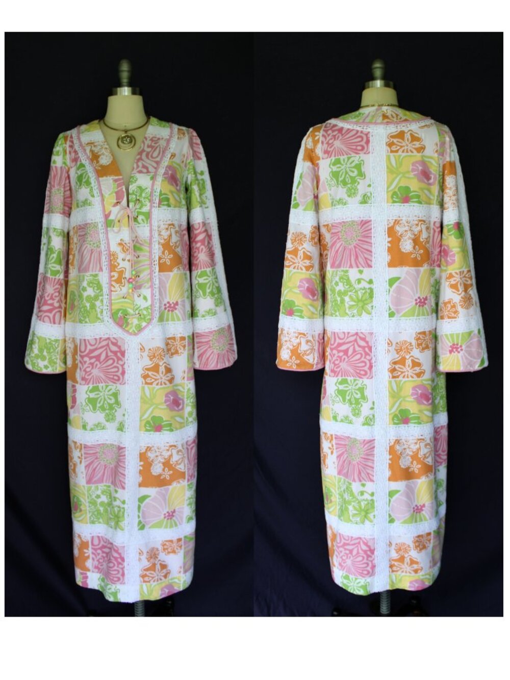 Rare custom Lilly Pulitzer maxi dress gown caftan patchwork tunic crochet lace